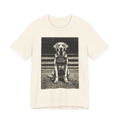 Close-up of the mugshot print detail, white t-shirt