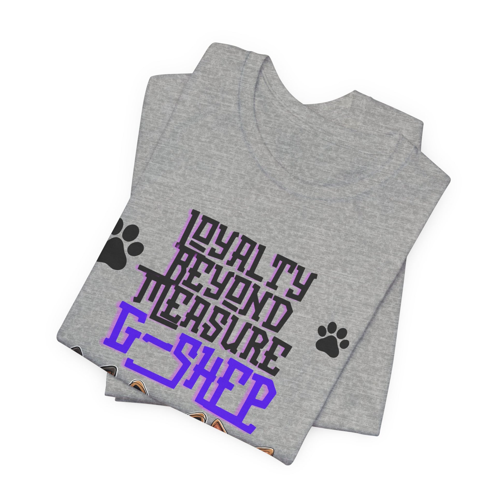Loyalty Beyond Measure German Shepherd t-shirt in Athletic Heather, folded view showing G-Shep trio print