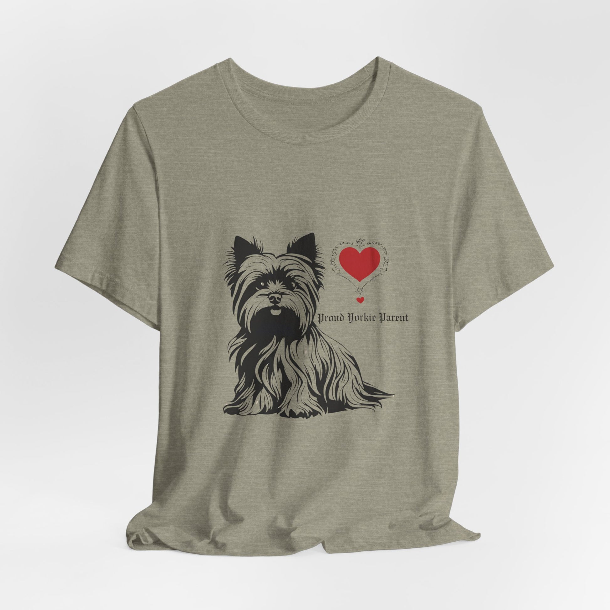 Heather Stone Proud Yorkie Parent graphic tee draped flat showing Yorkshire Terrier print