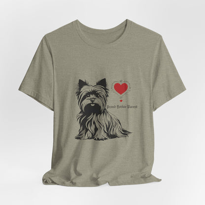 Heather Stone Proud Yorkie Parent graphic tee draped flat showing Yorkshire Terrier print