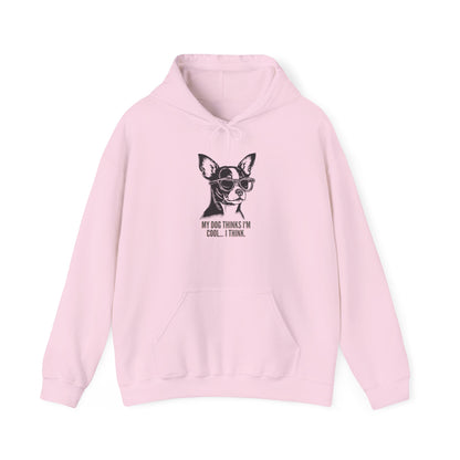 My Dog Thinks I'm Cool hoodie shown on a model