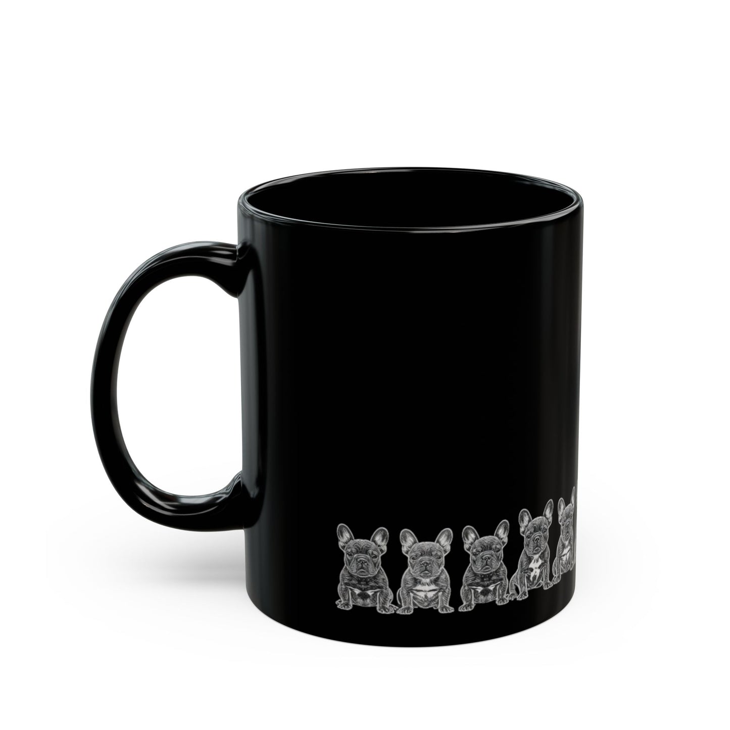 Black Ceramic Mug with Cute Grey French Bulldog Lineup — 11oz & 15oz