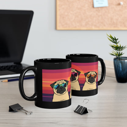 Pug retro sunglasses black ceramic mug — dog lover gift