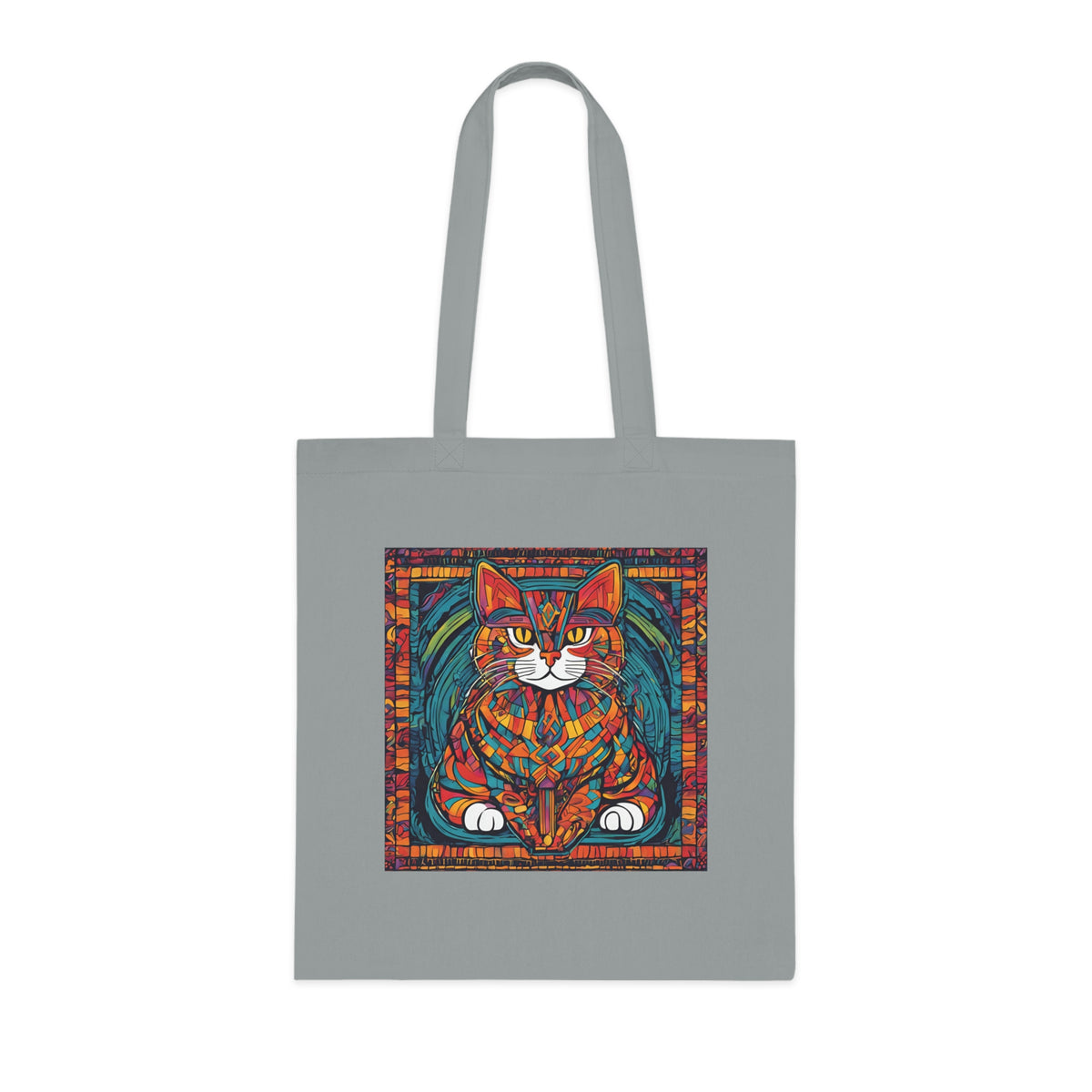 Stained glass cat design tote bag in lime, vivid coloured cat print on 100% cotton, 42x38cm with reinforced handles