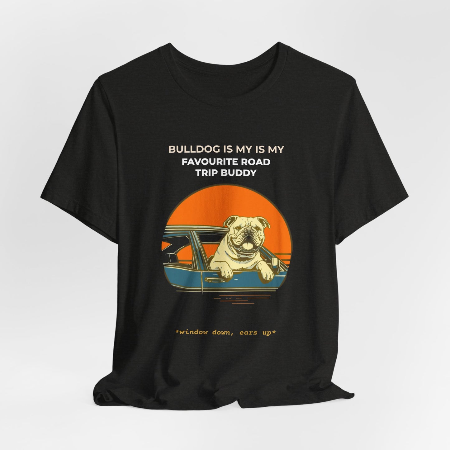 Bulldog Road Trip Tee — "Bulldog Is My Favourite Road Trip Buddy" Vintage Sunset Dog T-Shirt