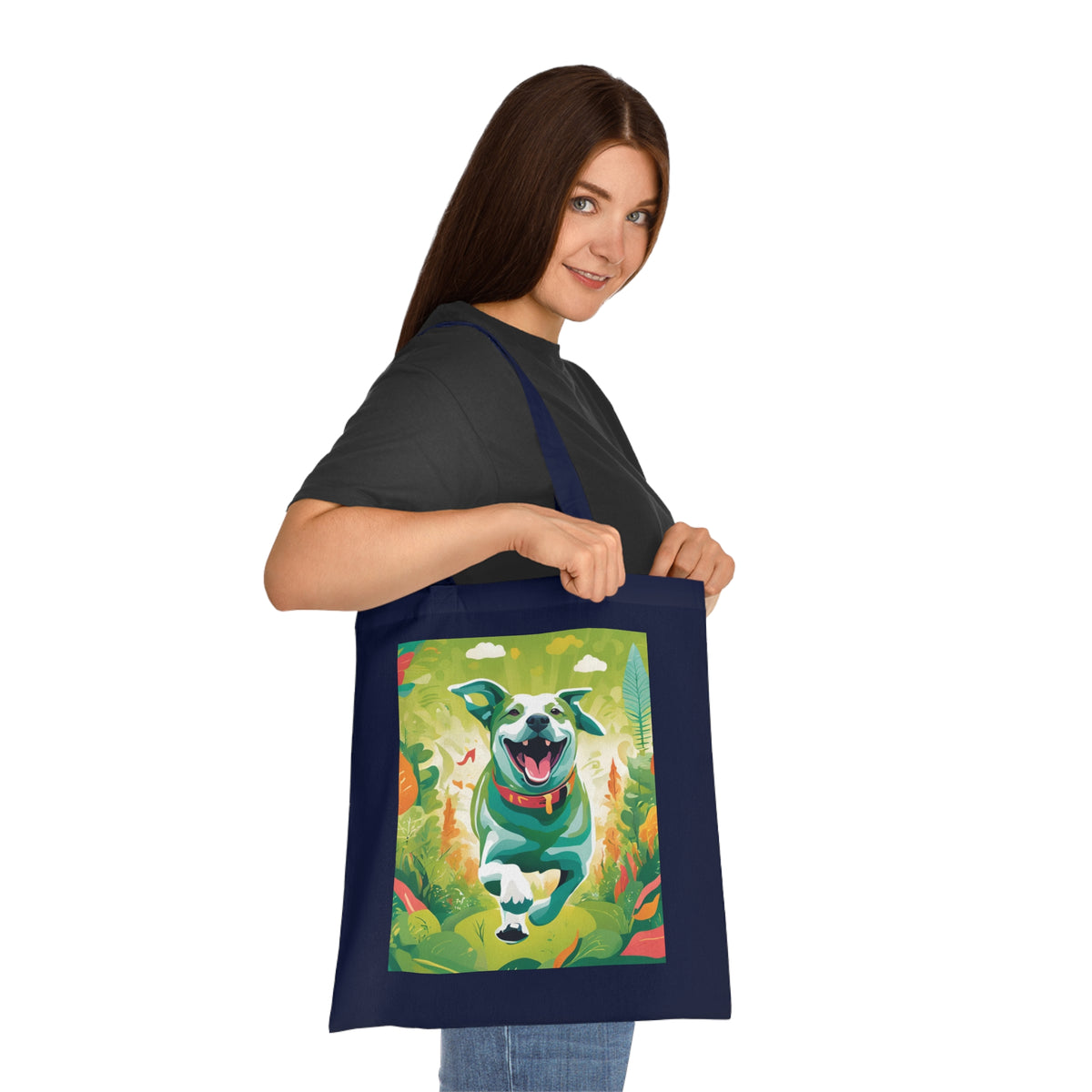 Dog art cotton tote bag in white with running dog illustration — angled view