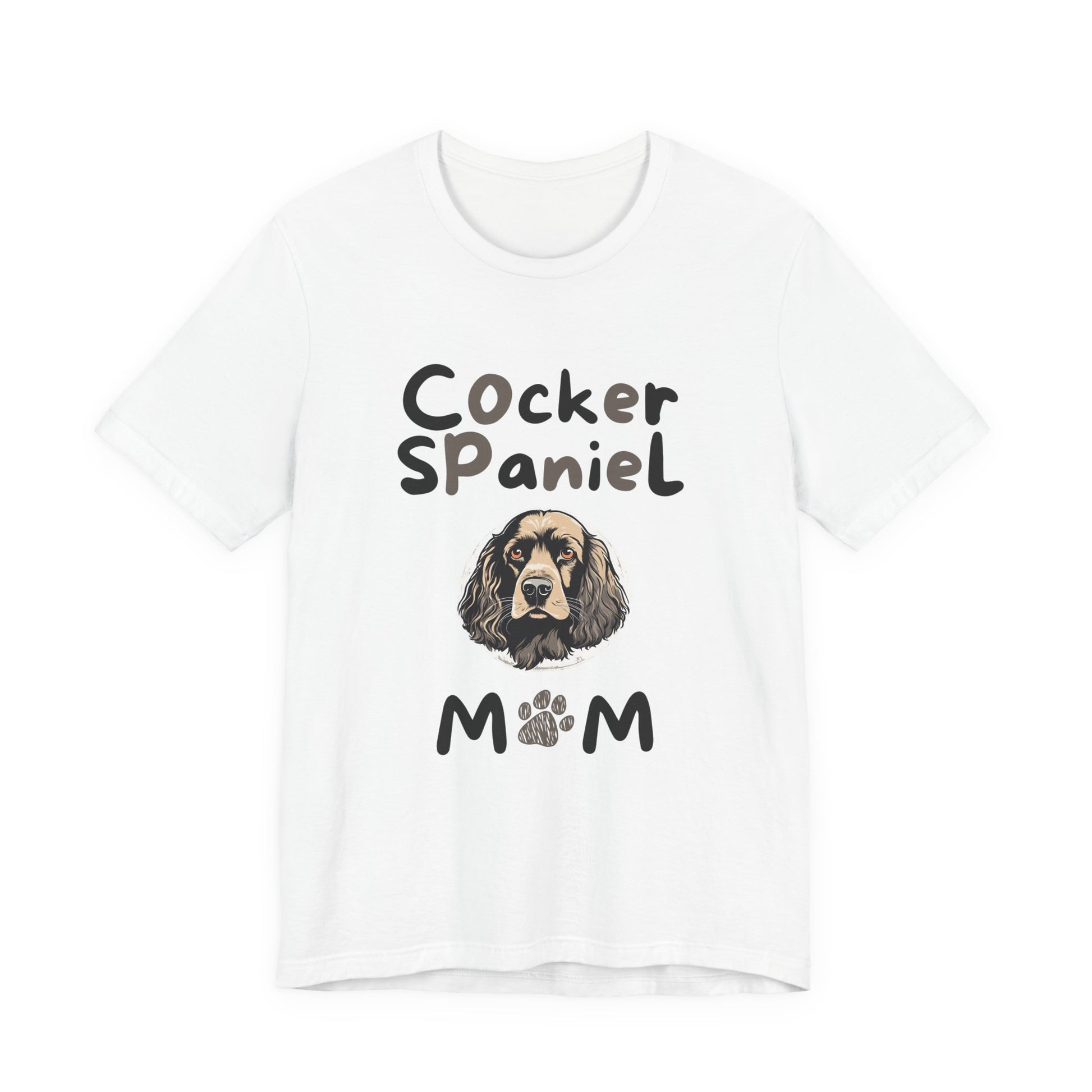 Cocker Spaniel Mum t-shirt in White with paw-print MUM design, flat lay front view