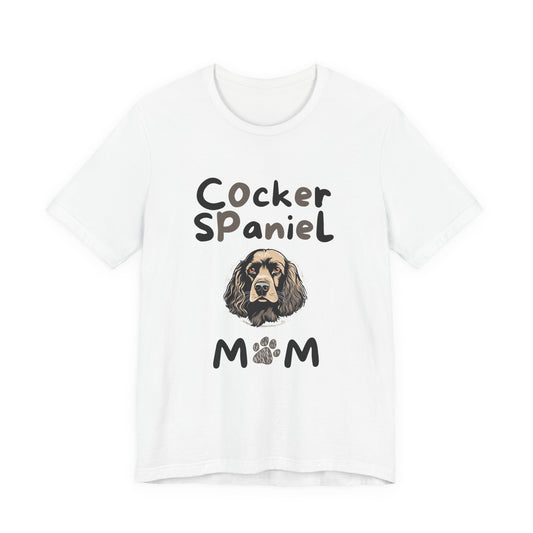 Cocker Spaniel Mum t-shirt in White with paw-print MUM design, flat lay front view