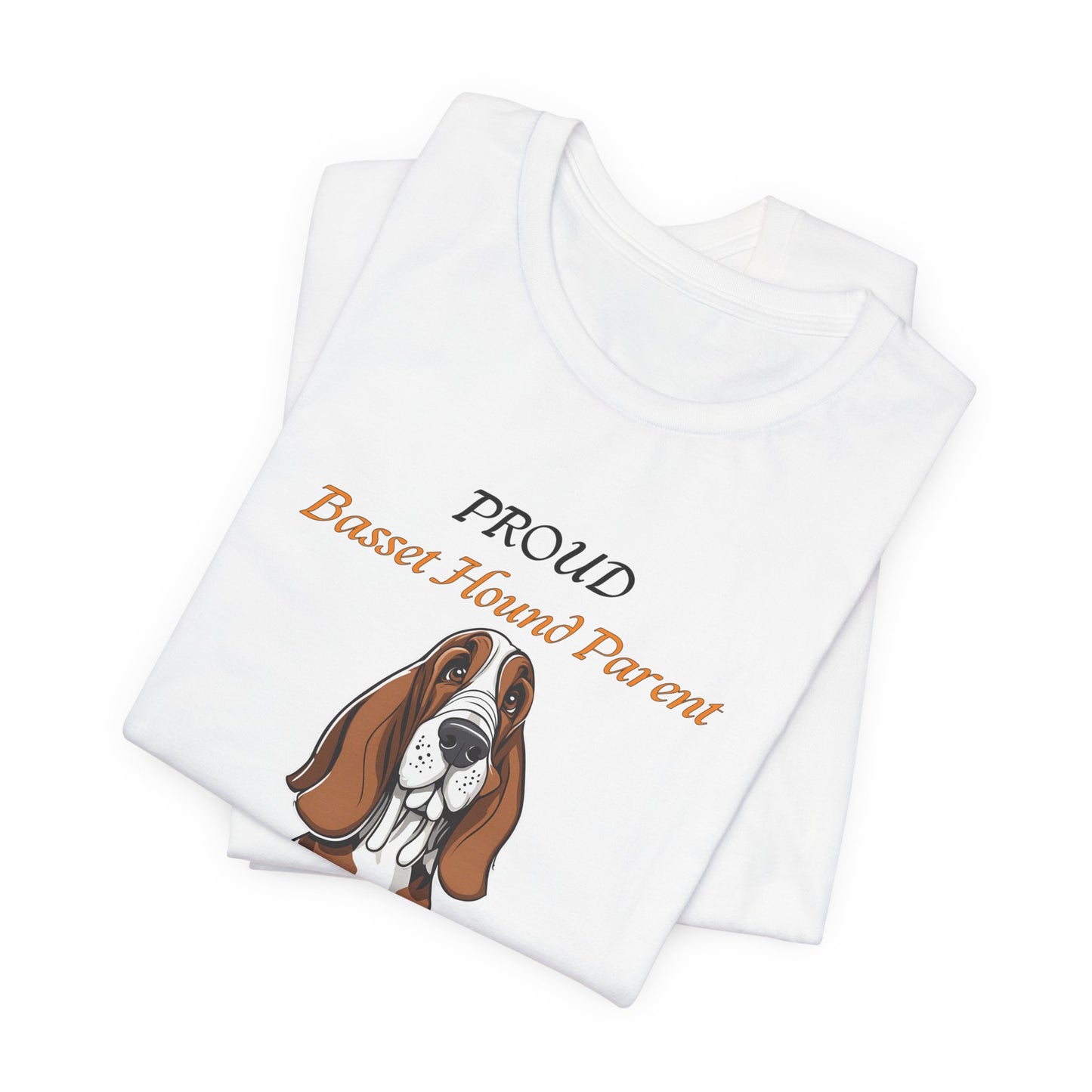 Proud Basset Hound Parent t-shirt worn by a model, lifestyle shot