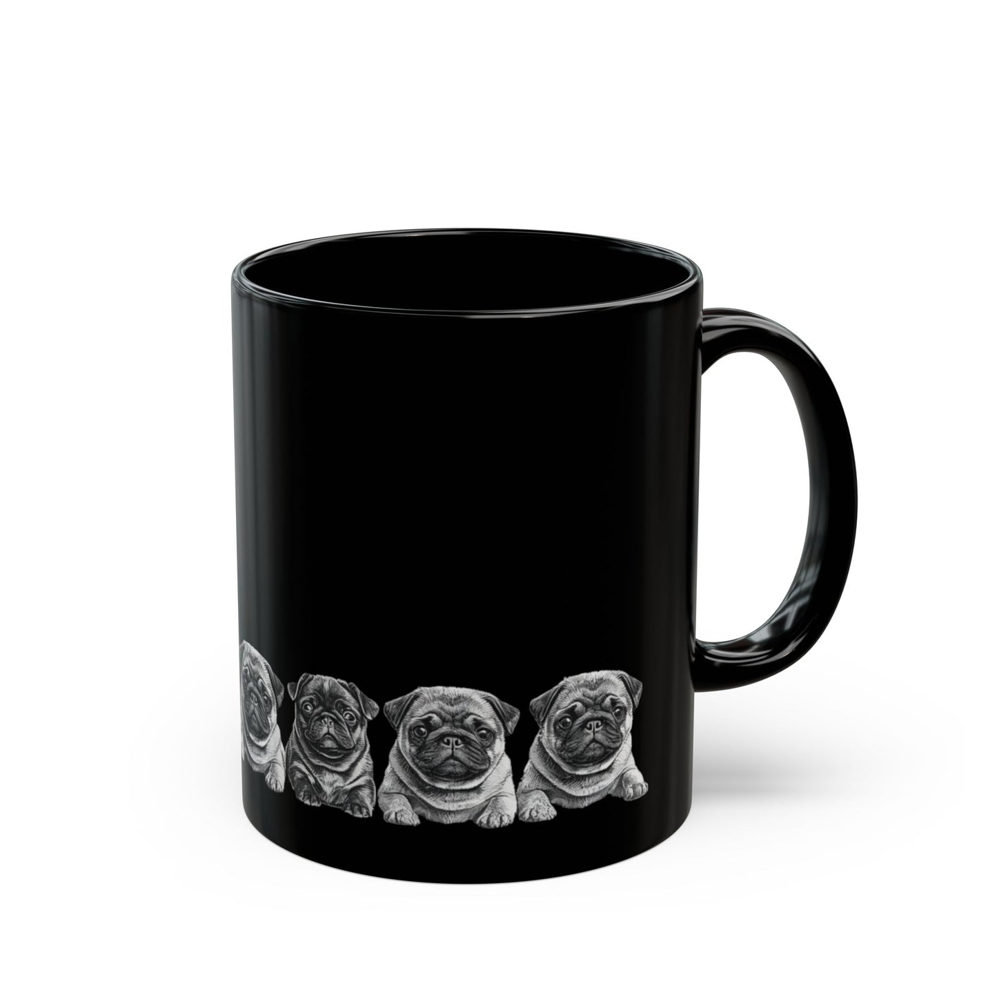 Pug Parade Black Ceramic Mug — 11oz & 15oz Cute Pug Lineup Coffee Cup