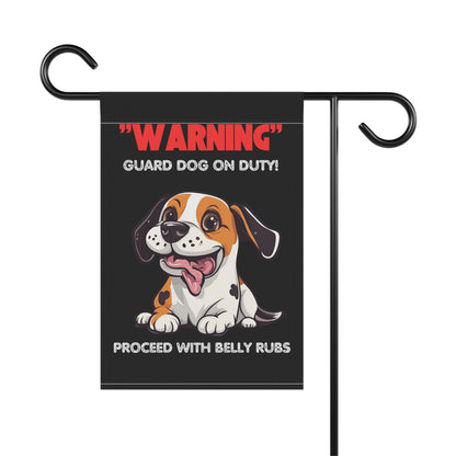 "Warning: Guard Dog on Duty – Proceed with Belly Rubs" Funny Garden Sign – Weather-Resistant Dog Lover Yard Banner