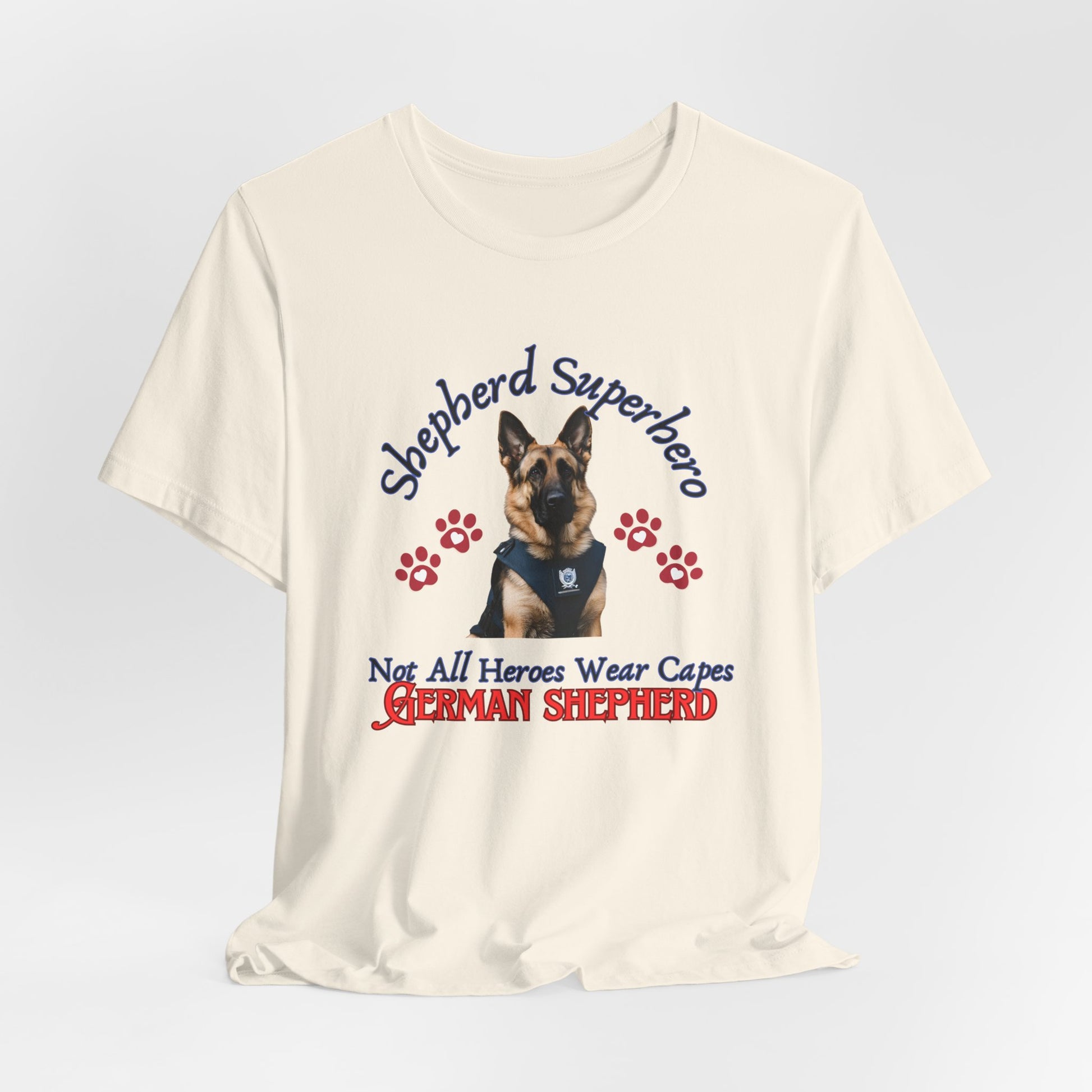 Shepherd Superhero German Shepherd t-shirt in Natural, hanging front view