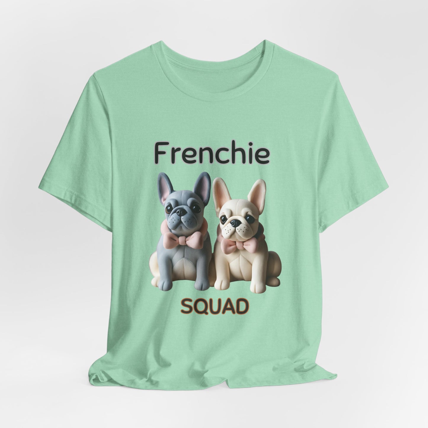 Heather Mint Frenchie Squad graphic tee laid flat showing Frenchie duo print
