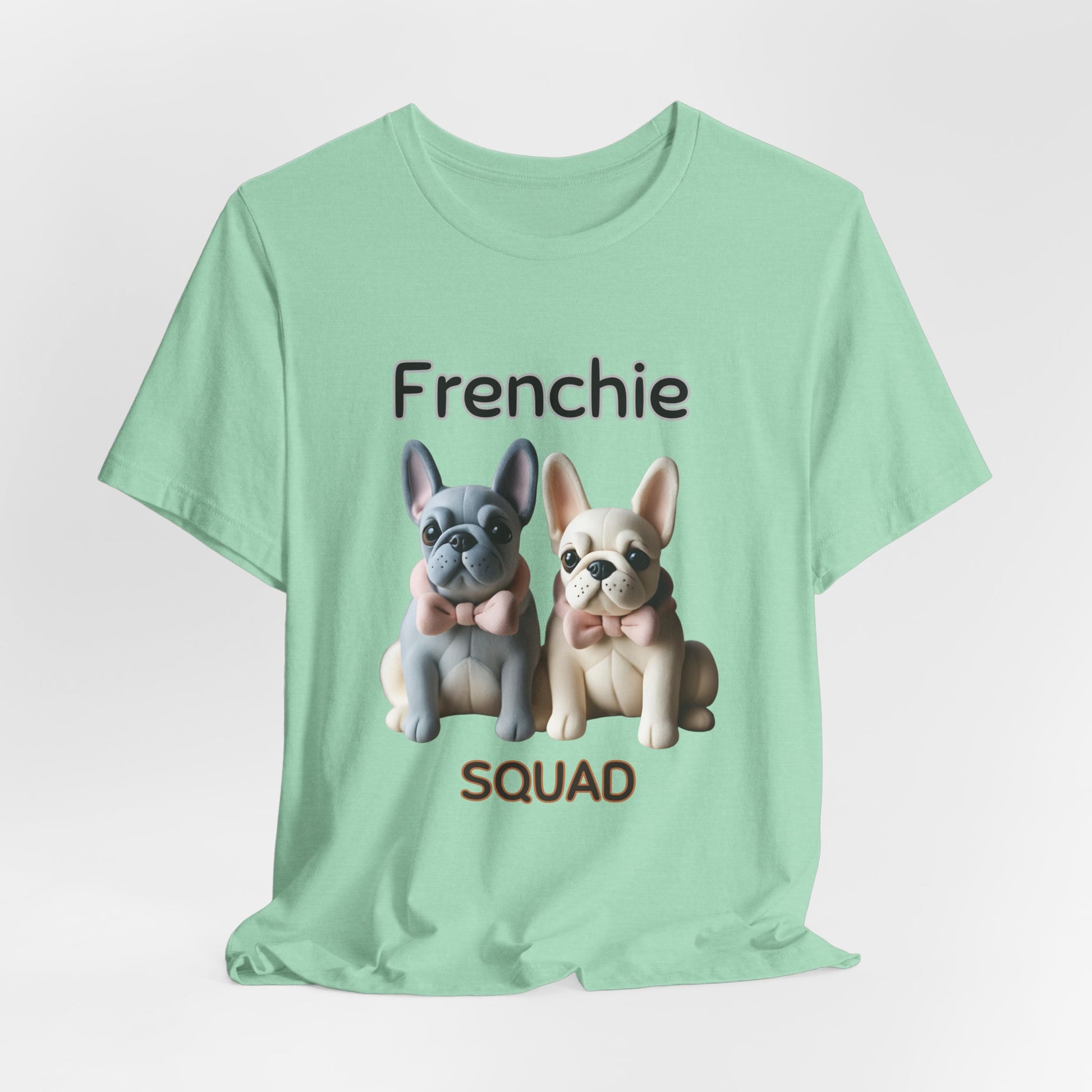 Heather Mint Frenchie Squad graphic tee laid flat showing Frenchie duo print