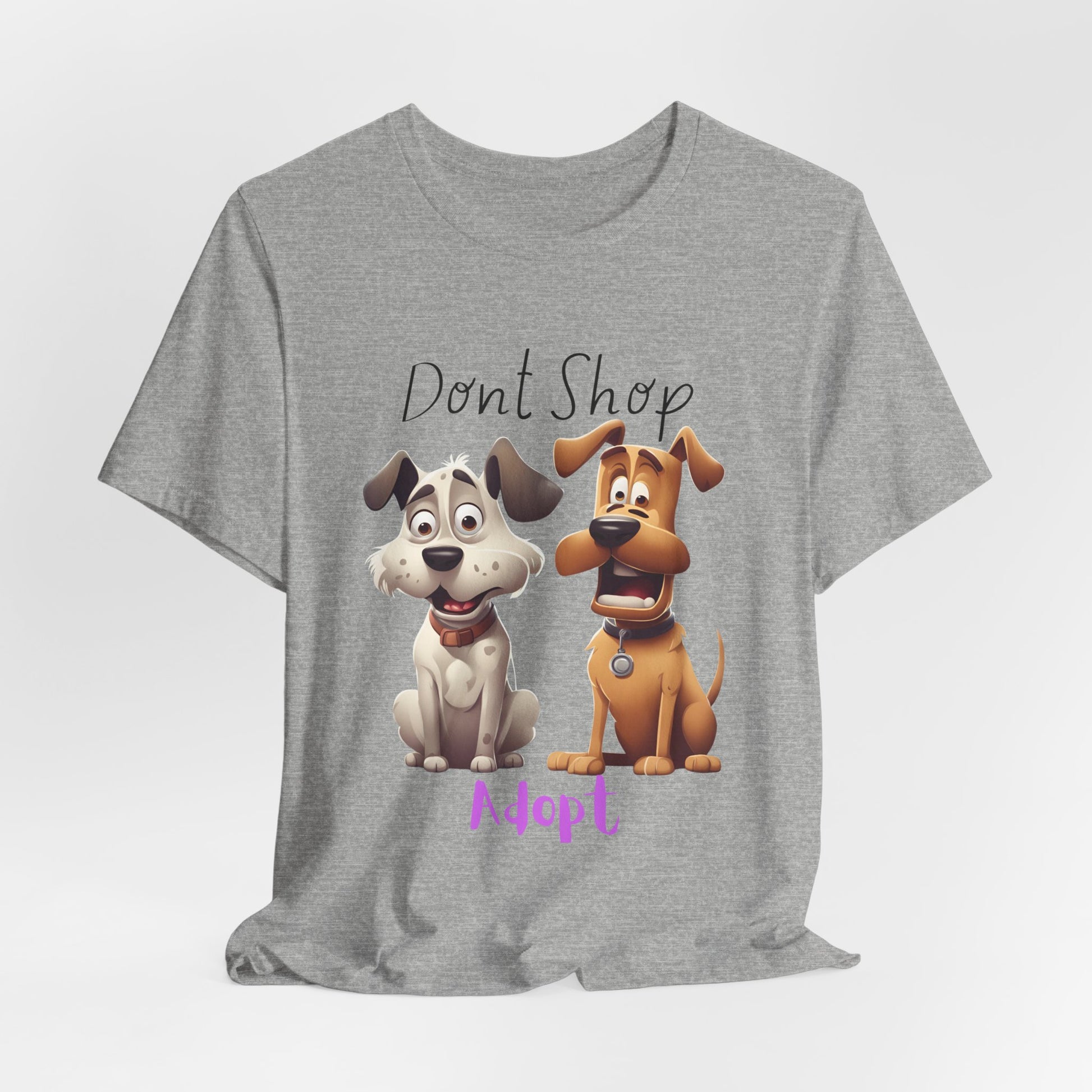 Don't Shop Adopt rescue dog t-shirt — soft organic cotton tee with cartoon rescue dogs, Sniff Waggle And Walk