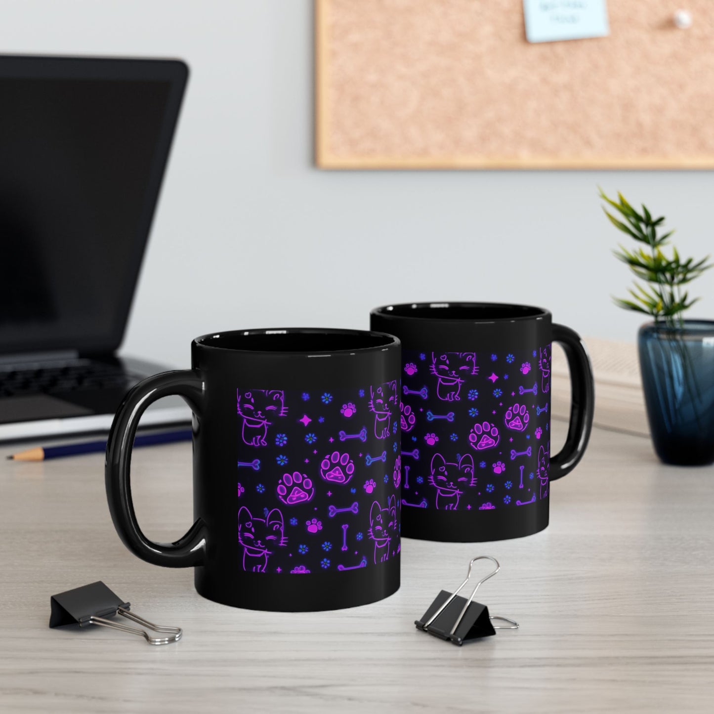 Neon cat Pattern Mug – Black Coffee Cup (11oz/15oz)