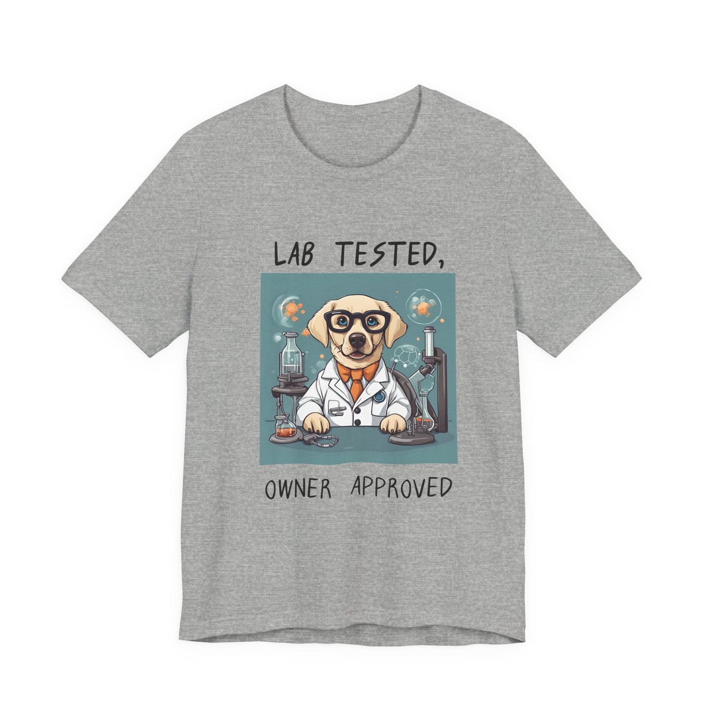 Lab Tested Owner Approved Labrador t-shirt in Athletic Heather, flat lay front view