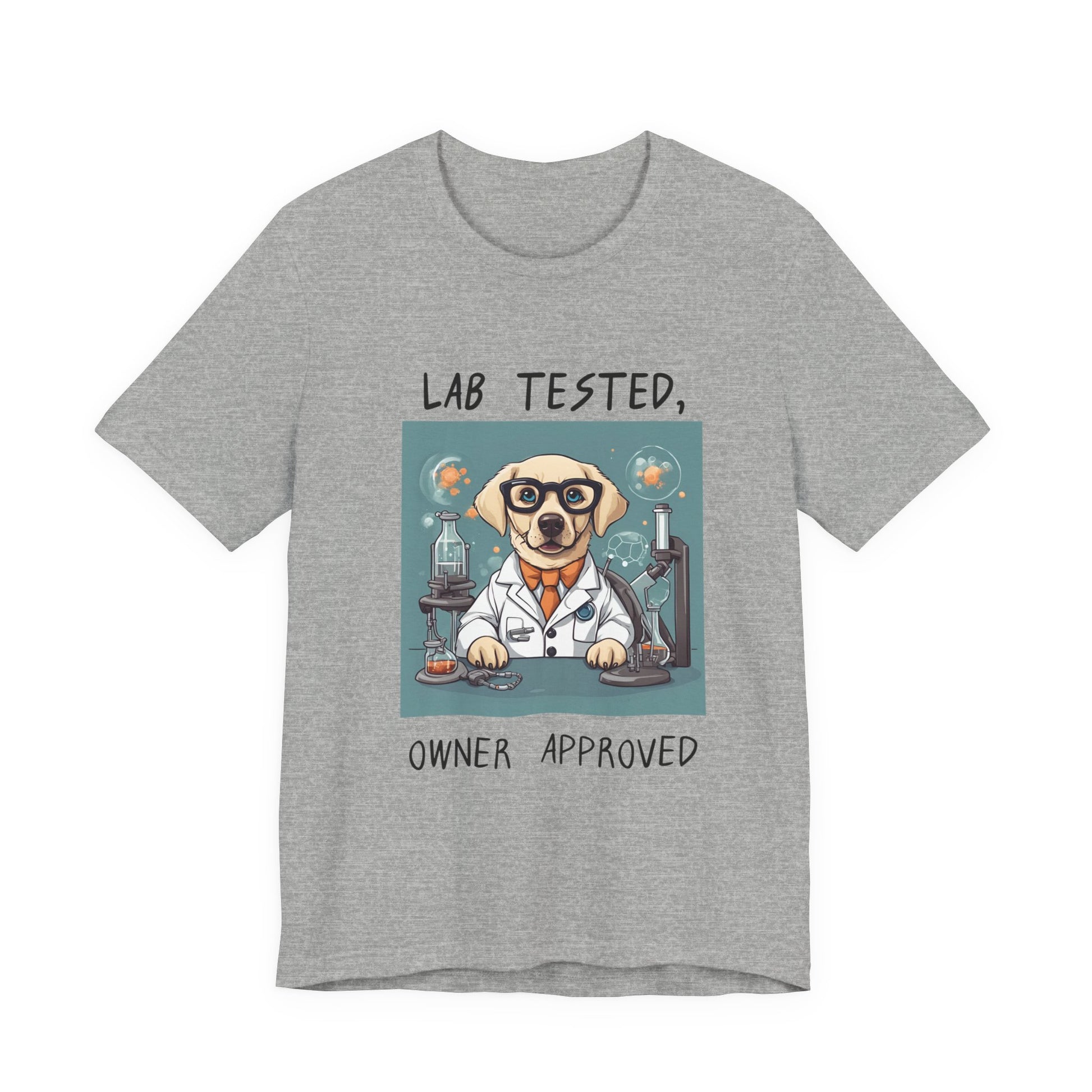 Lab Tested Owner Approved Labrador t-shirt in Athletic Heather, flat lay front view