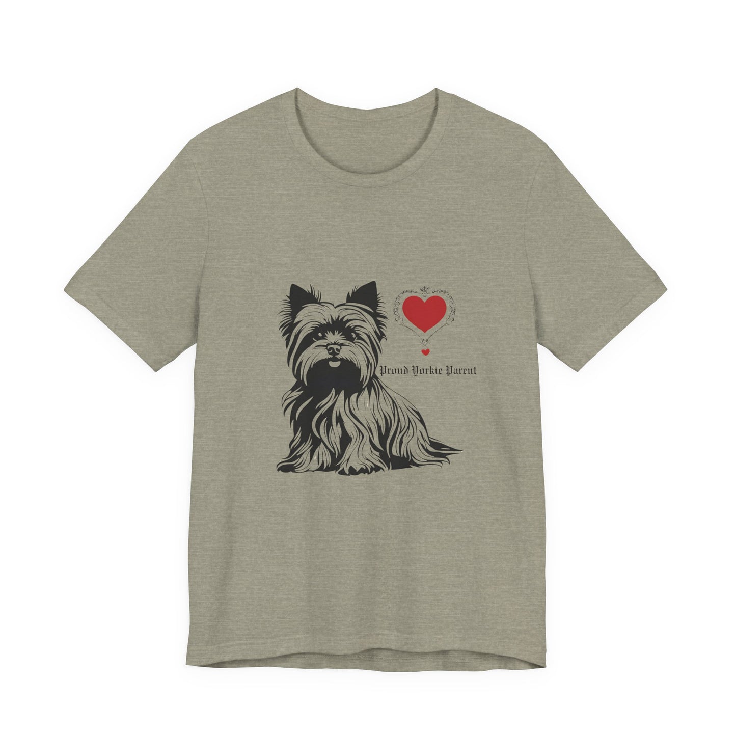 Heather Stone Proud Yorkie Parent unisex tee laid flat showing Yorkshire Terrier print
