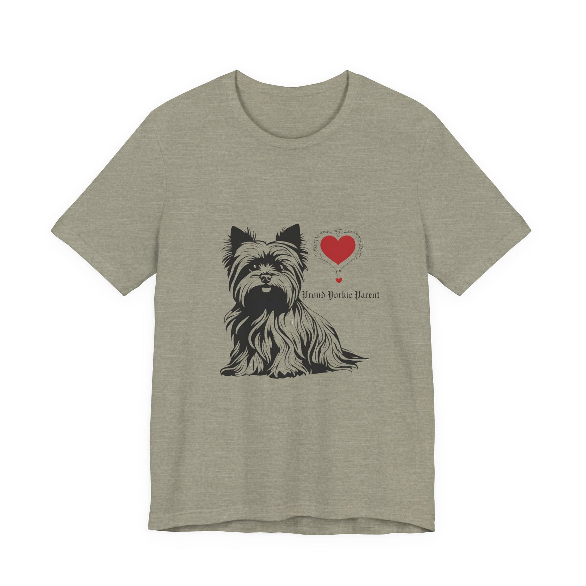 Heather Stone Proud Yorkie Parent unisex tee laid flat showing Yorkshire Terrier print