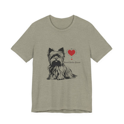 Heather Stone Proud Yorkie Parent unisex tee laid flat showing Yorkshire Terrier print