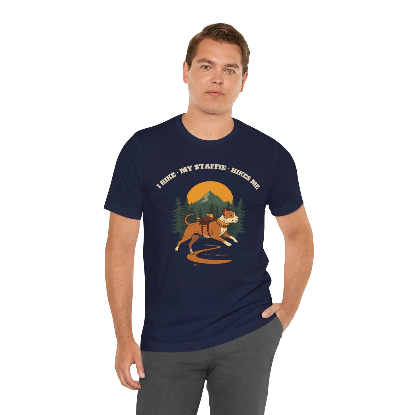 Staffie hiking tee flat lay showing retro trail design