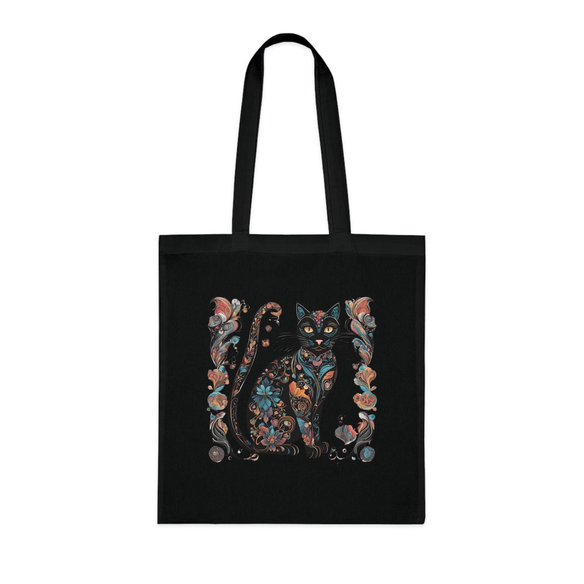 SniffWaggleNWalk™ cat tote in black showing adorable cat illustration on dark background