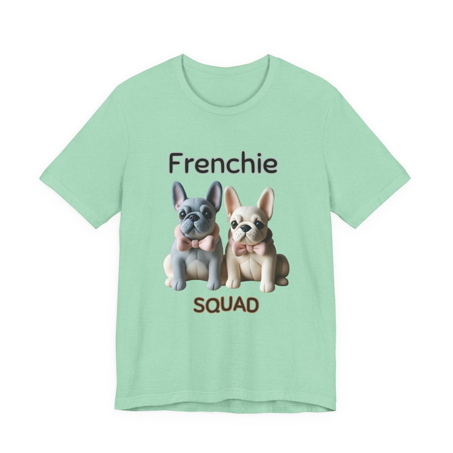 Frenchie Squad t-shirt in Heather Mint — French Bulldog duo graphic tee, front view