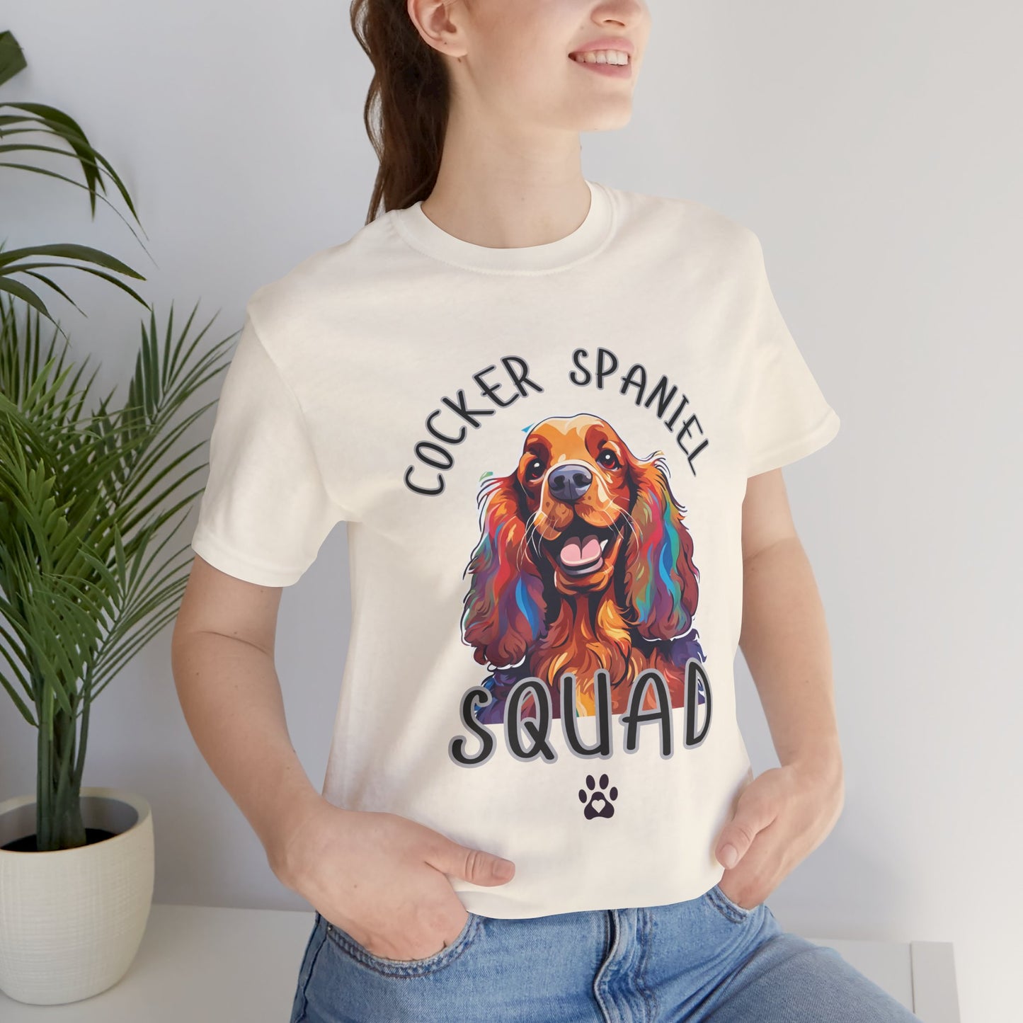 Cocker Spaniel Squad pop-art t-shirt in Natural worn by a model, front view