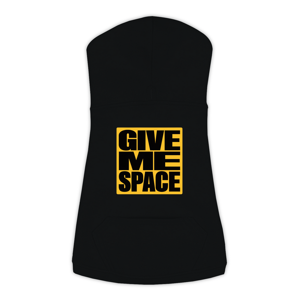 Give Me Space dog hoodie in Black — bold yellow warning-style typography print on cosy fleece pullover