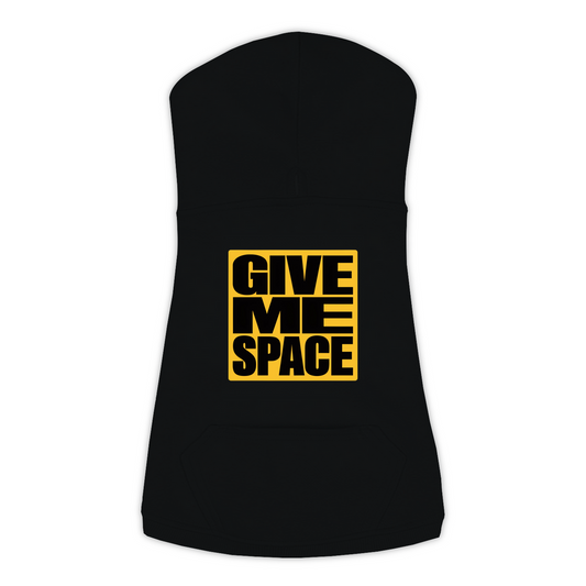 Give Me Space dog hoodie in Black — bold yellow warning-style typography print on cosy fleece pullover