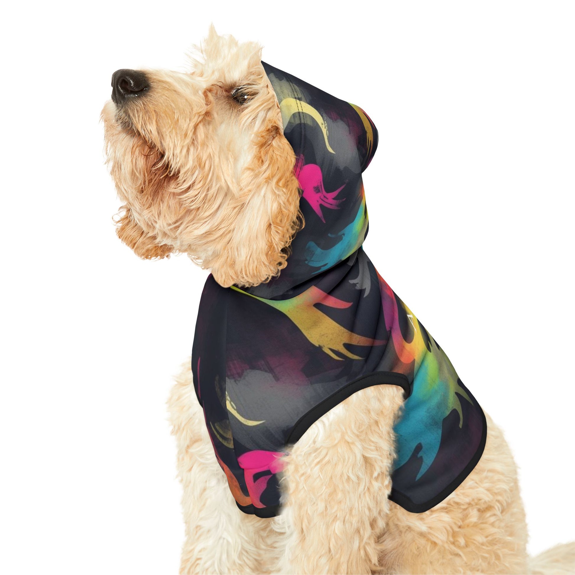 close up of apex dog hoodie showing premium printed pattern