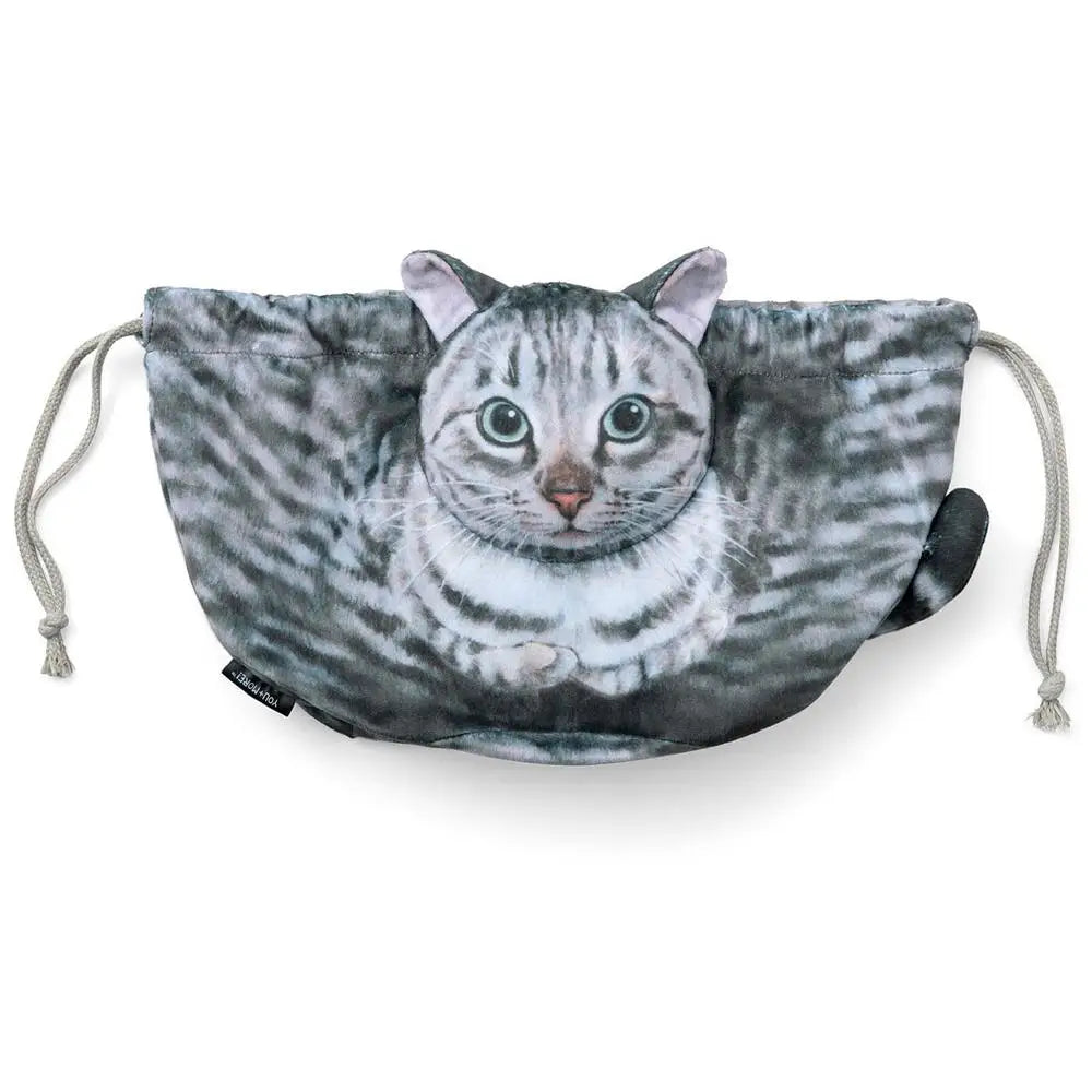 A cat-shaped makeup bag with a 3D print of a cat's head and tail, featuring a black and white color scheme. The bag has a drawstring closure and a portable design.