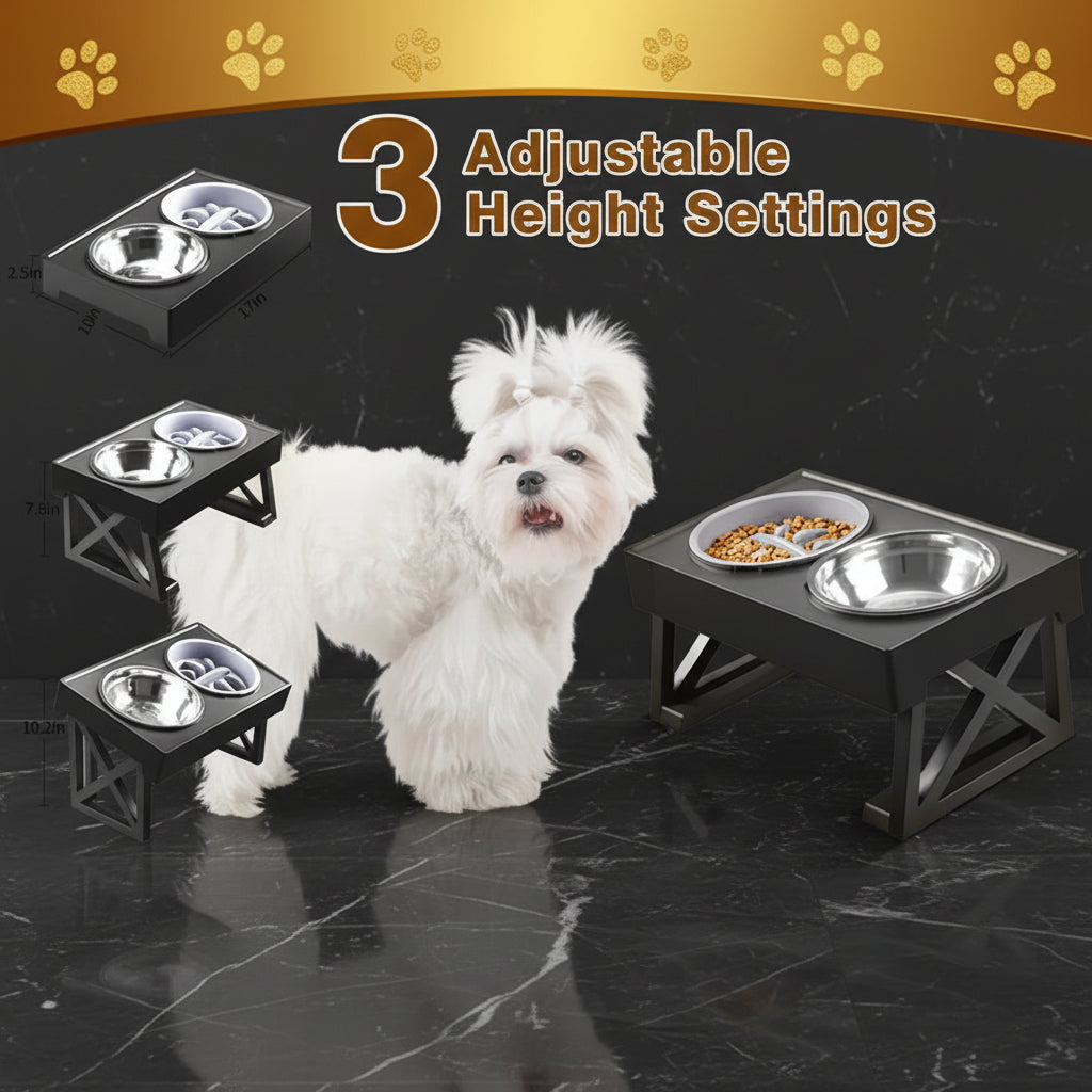  Three height settings for the adjustable elevated dog bowl stand shown side by side: flat at 2.5 inches, mid at 7.8 inches, full at 10.2 inches.