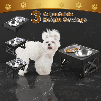  Three height settings for the adjustable elevated dog bowl stand shown side by side: flat at 2.5 inches, mid at 7.8 inches, full at 10.2 inches.