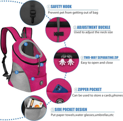 Pink pet carrier with features highlighted on a white background
