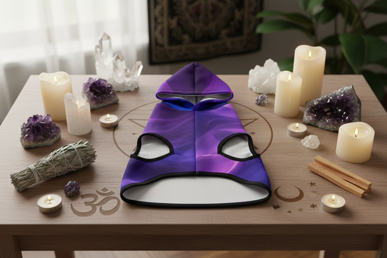 Full body view of a dog wearing an 11:11 angel number purple dog hoodie