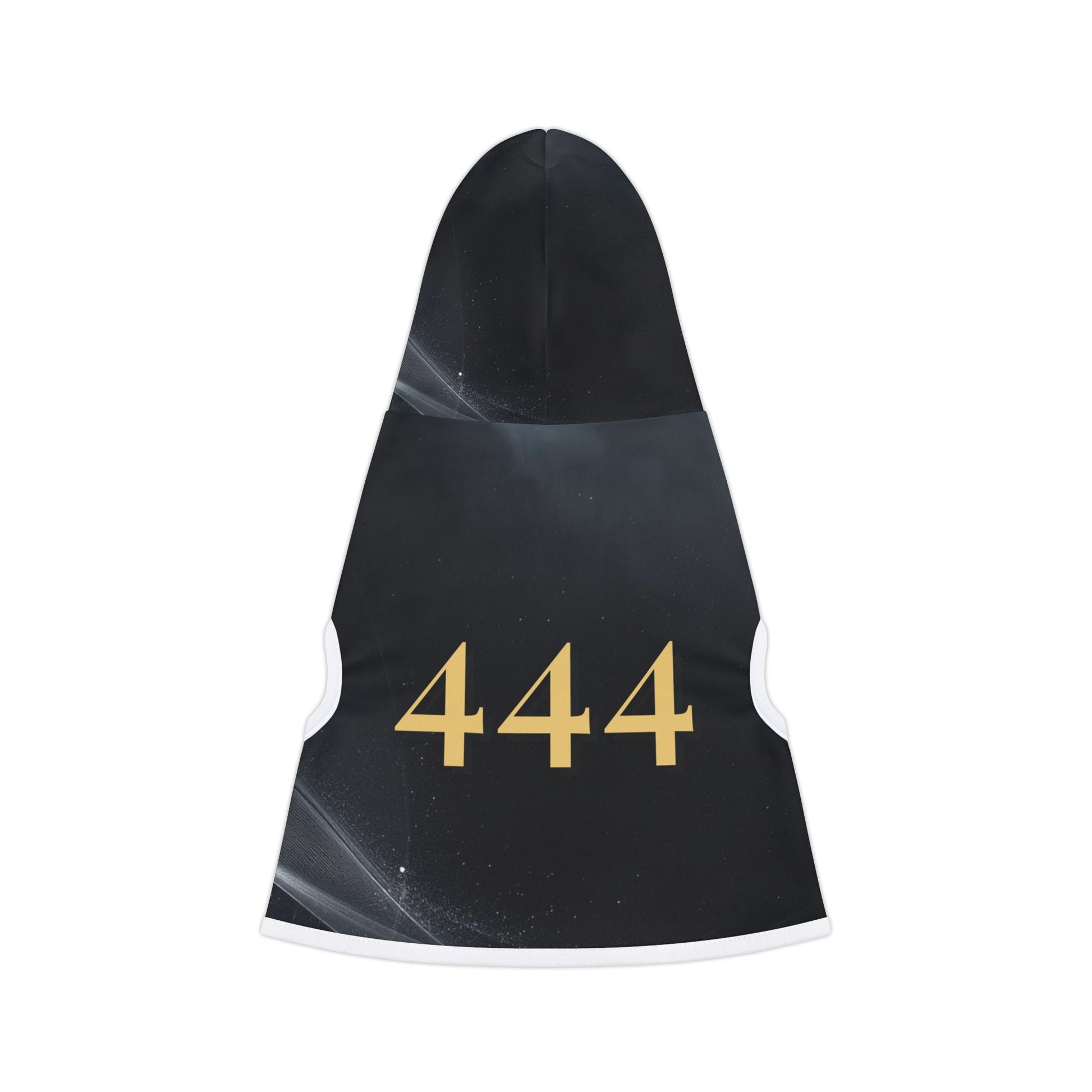 Small dog wearing black 444 angel number hoodie with minimalist spiritual design