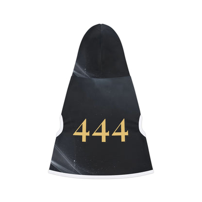 Small dog wearing black 444 angel number hoodie with minimalist spiritual design