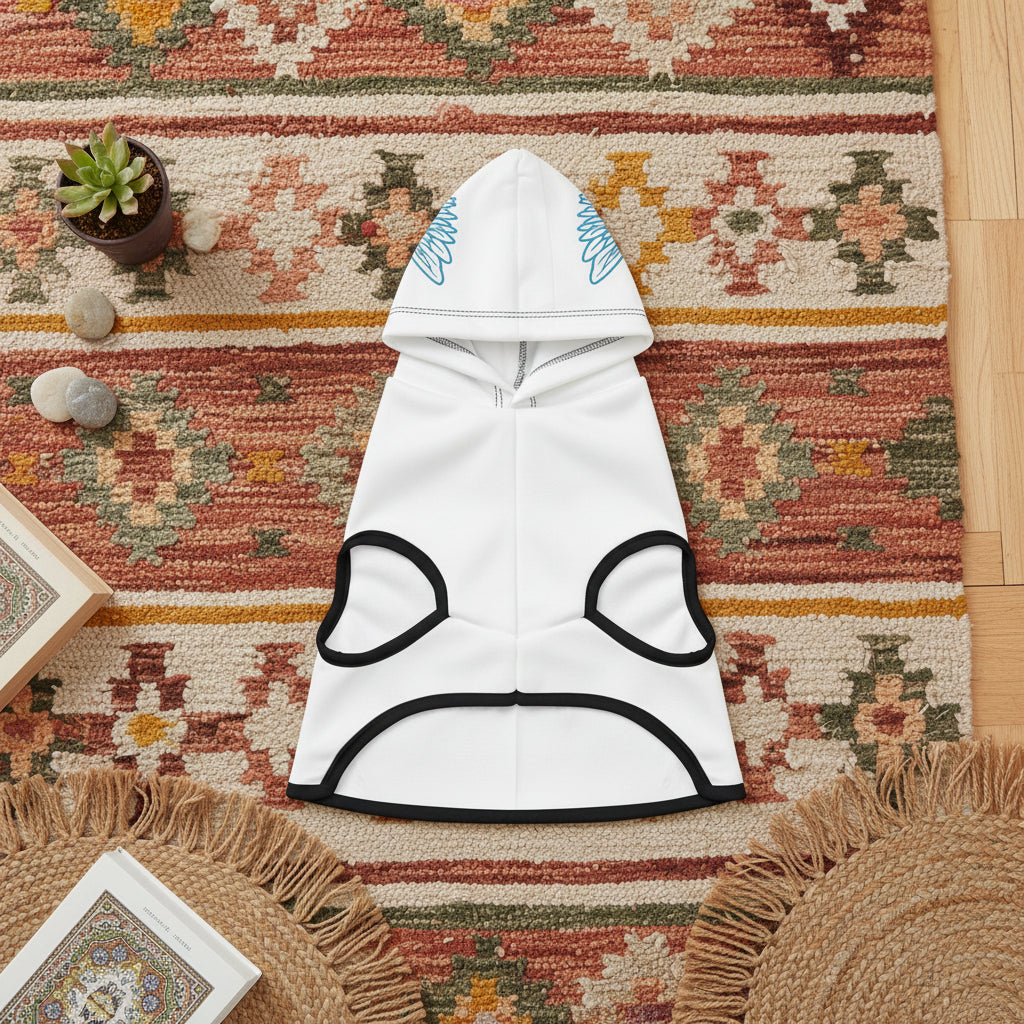 front black rib design of angel number 444 pet hoodie with wing motif.