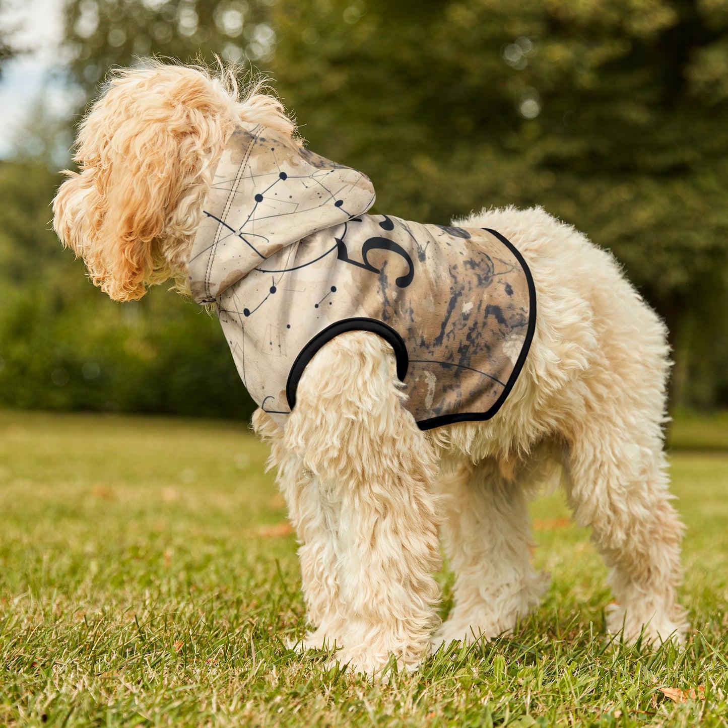 Detailed view of minimalist numerals on spiritual dog hoodie