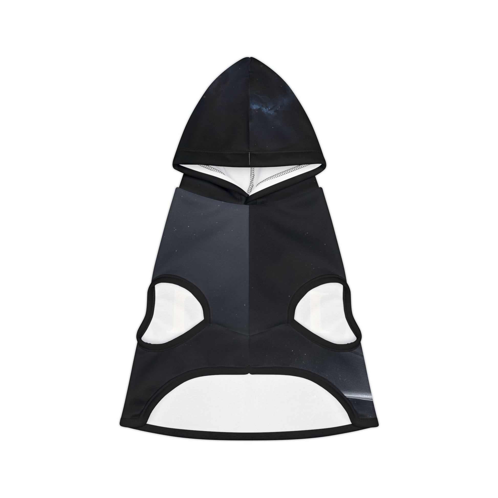 Small dog wearing black angel number hoodie with cosmic gold numerology design