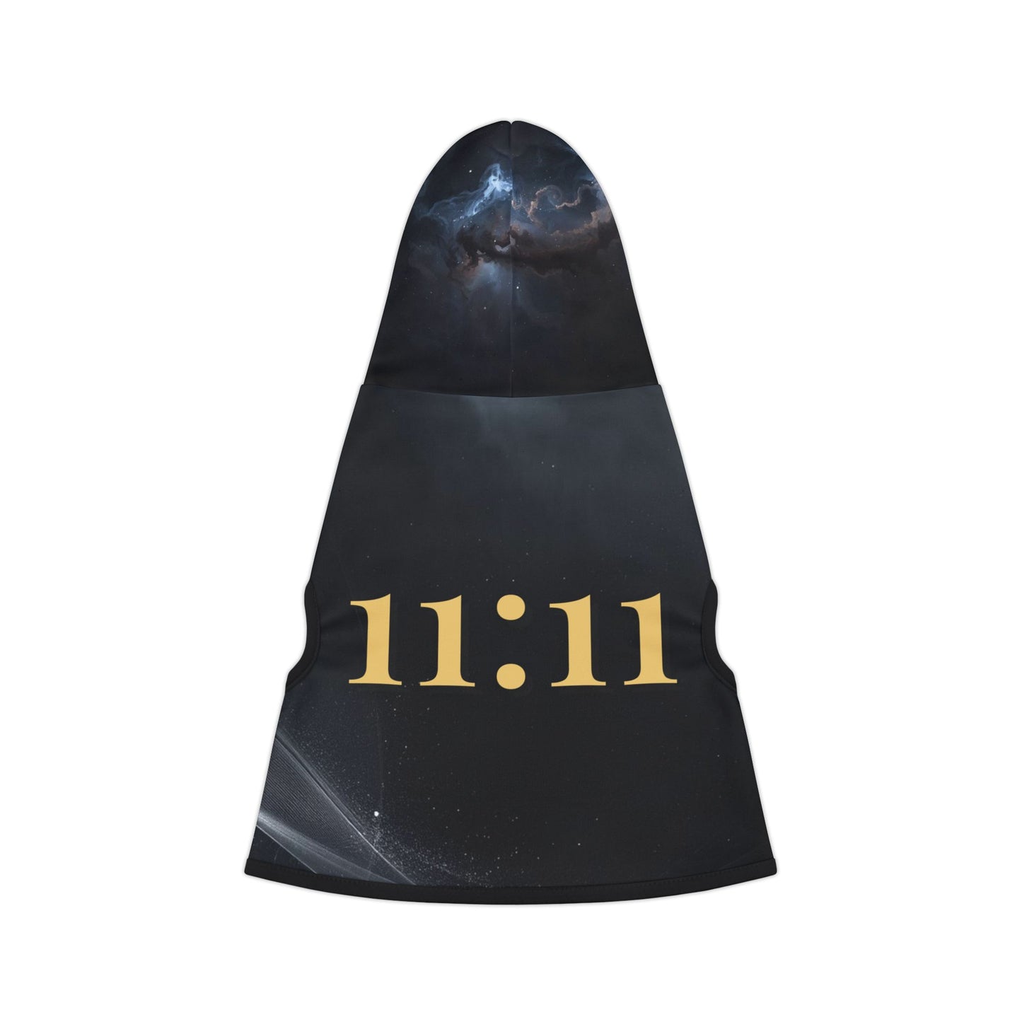 Back view of dog hoodie showing centered angel number print on galaxy black fabric