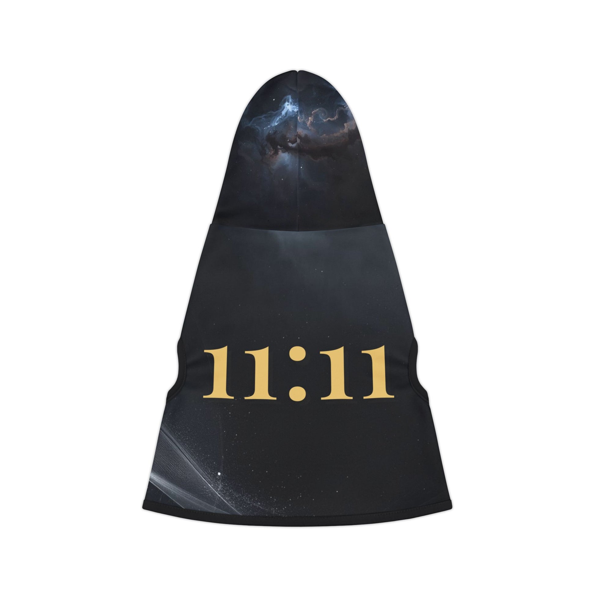 Back view of dog hoodie showing centered angel number print on galaxy black fabric