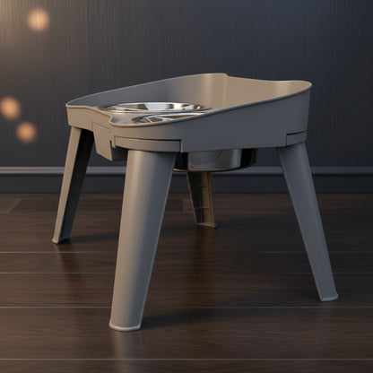 SuperDesign dog feeder with drawer pulled out showing spill-catching tray between bowls