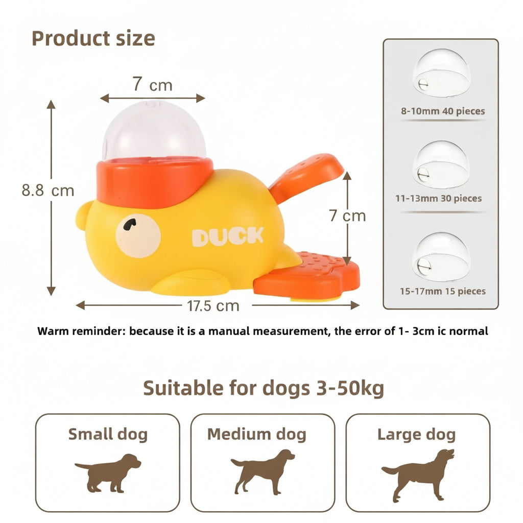 dog playing with duck treat dispenser toy to reduce boredom and destructive behavior