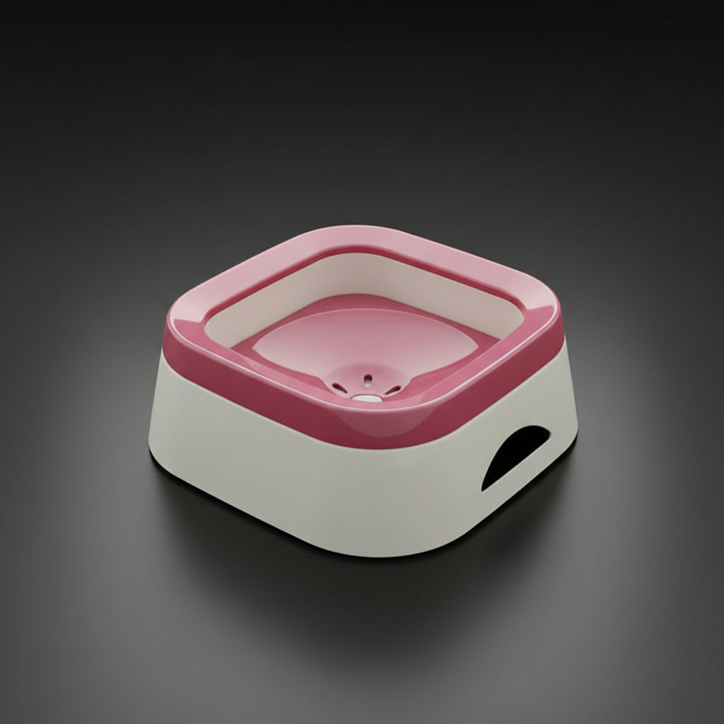 Dusky pink anti-spill dog water bowl with floating disc, three-quarter angle on light worktop, multi-pet friendly. 
