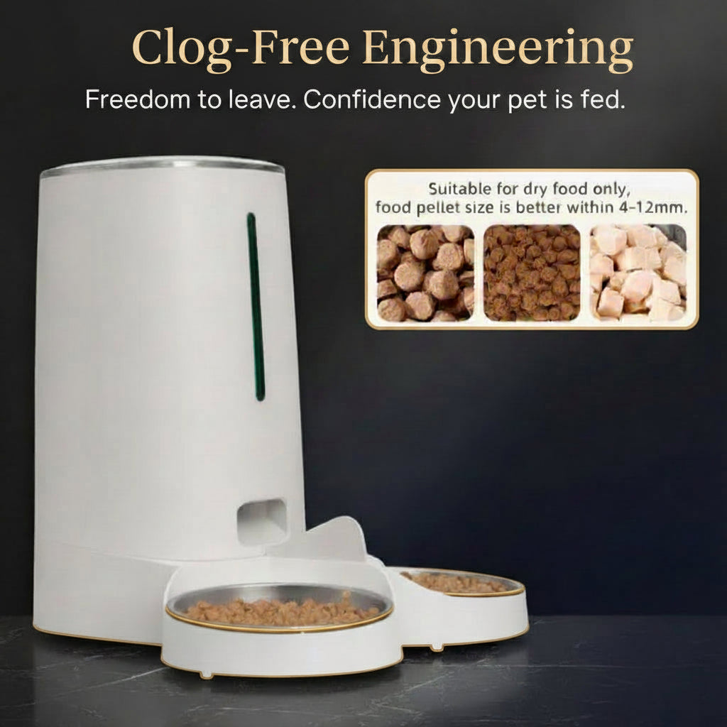 Automatic pet food dispenser with smartphone app control and feeding schedule.