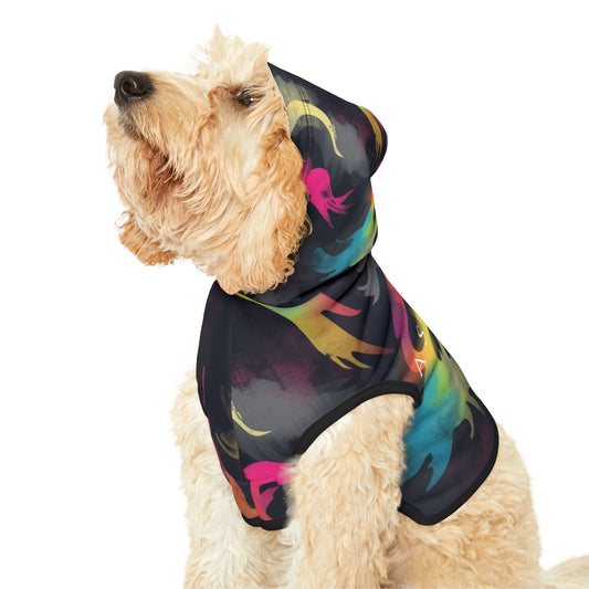 close up of ascend dog hoodie showing detailed printed pattern