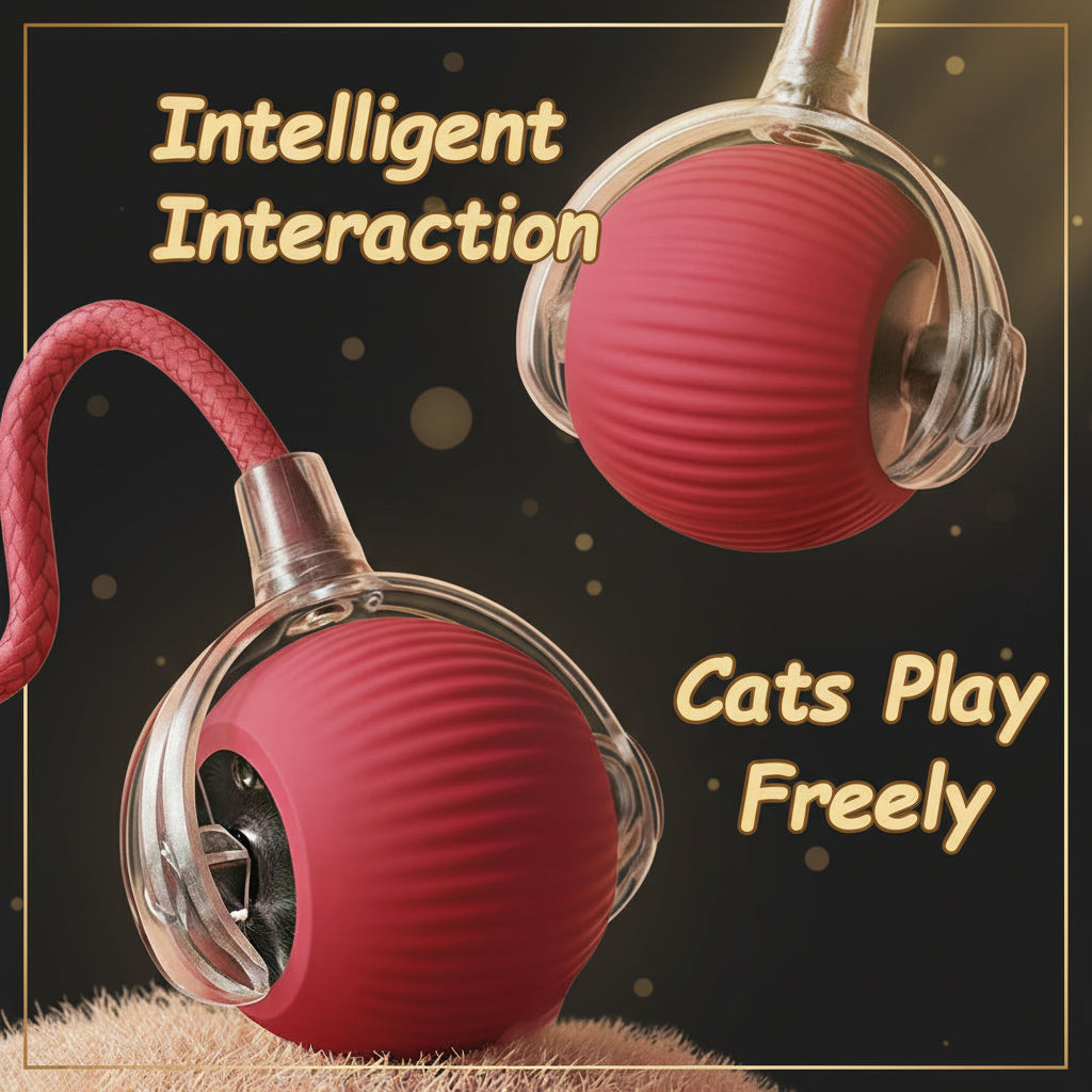 Two red cat toys with wheels on a beige background, labeled 'Intelligent Interaction' and 'Cats Play Freely'.
